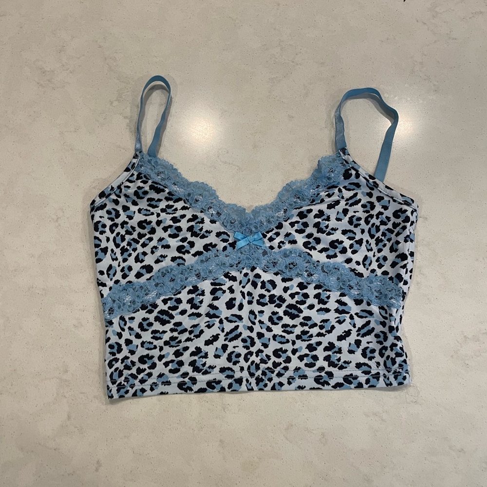 Small Size Blue Leopard Print Cropped Spaghetti Tank